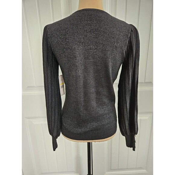 Nanette Lepore Black Lurex Ribbed Balloon Sleeve Sweater Silver Buttons sz M - Picture 5 of 9